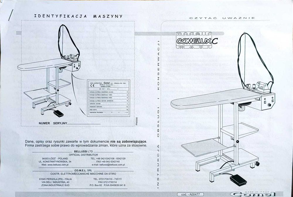 Stół prasowalniczy COMELUX MAXI C + Żelazko i stopa przeciwpołyskowa