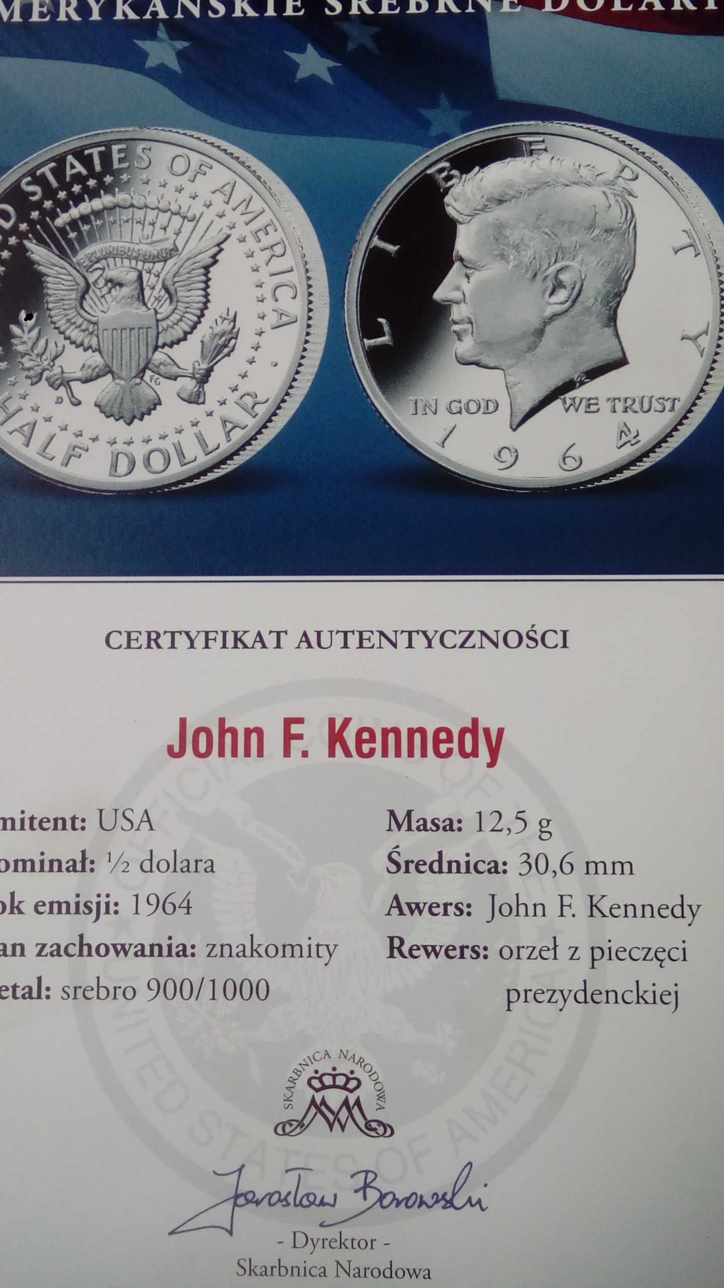 Moneta 1/2 z John F. Kennedy z certyfikatem.