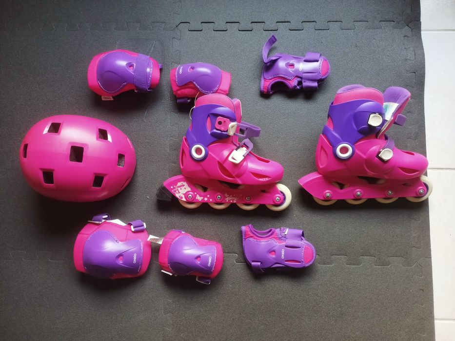 Patins em linha para criança, menina, com kit de proteção