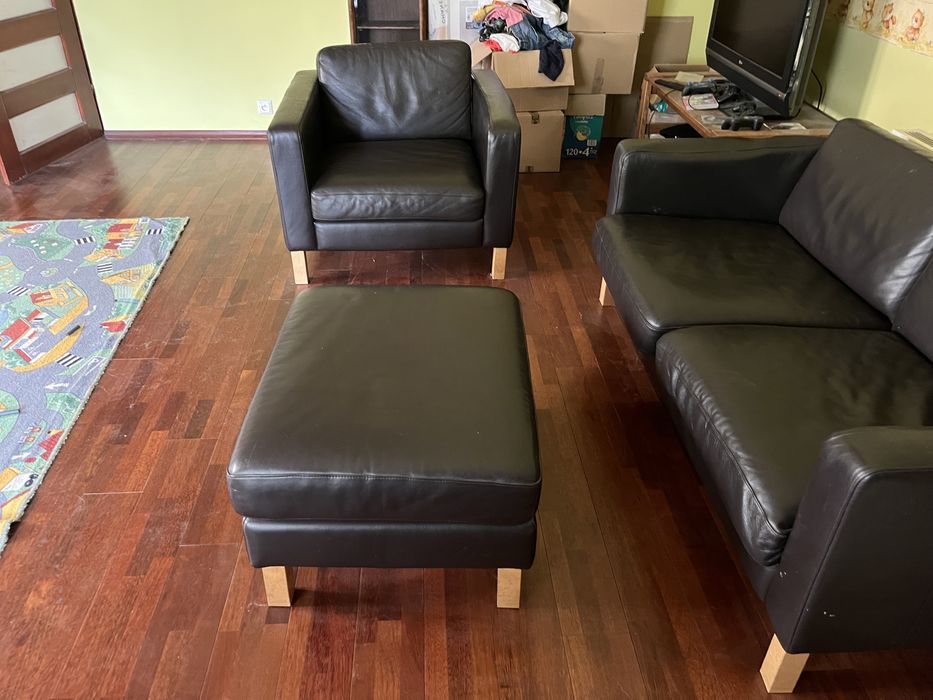 Ikea komplet wypoczynkowy ze skory naturalnej sofa, fotel i podnozek