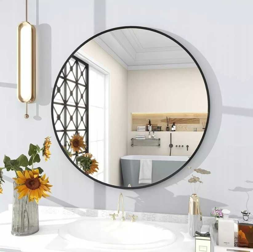Nowoczesne LUSTRO OKRĄGŁE 60cm Loft Czarne Wiszące Metalowe (OKAZJA)
