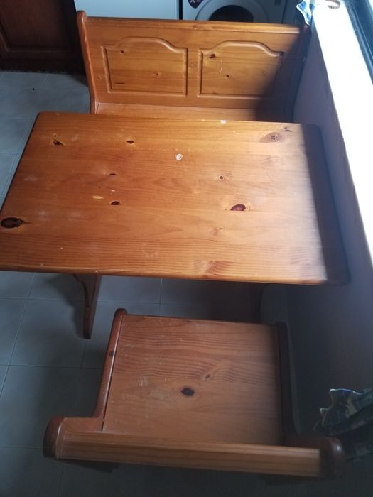 Mesa de cozinha rústica madeira + 2 bancos corridos com arrumação