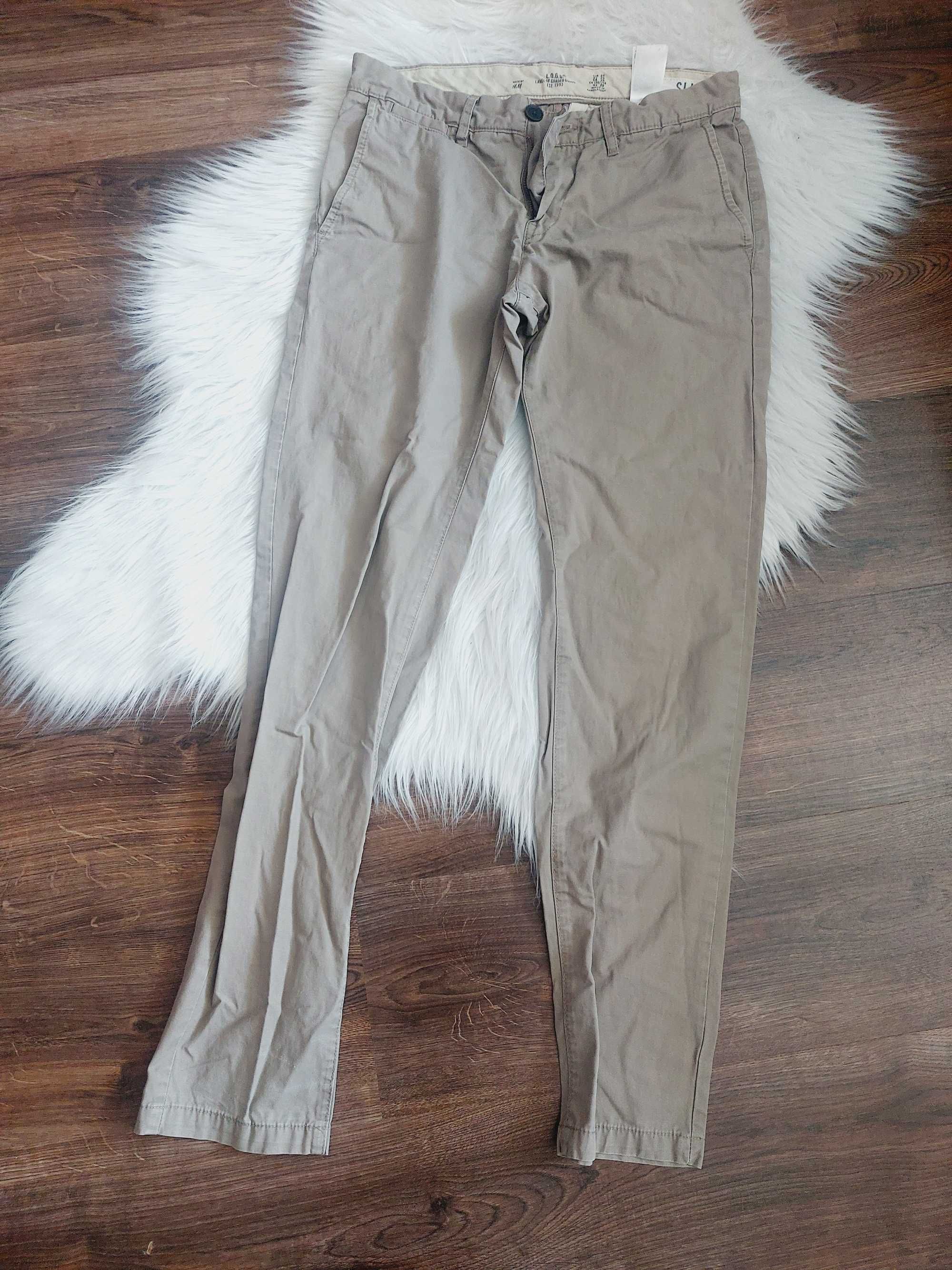 spodnie męskie materiałowe eleganckie hm slim bawełna 29 s m beżowe