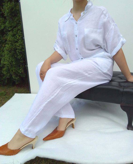 Lniany komplet spodnie koszula 100% len puro lino S M L uniwersalny