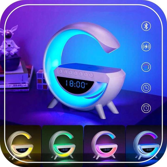 LAMPKA LED NOCNA RGB GŁOŚNIK ładowarka indukcyjna zegar radio budzik