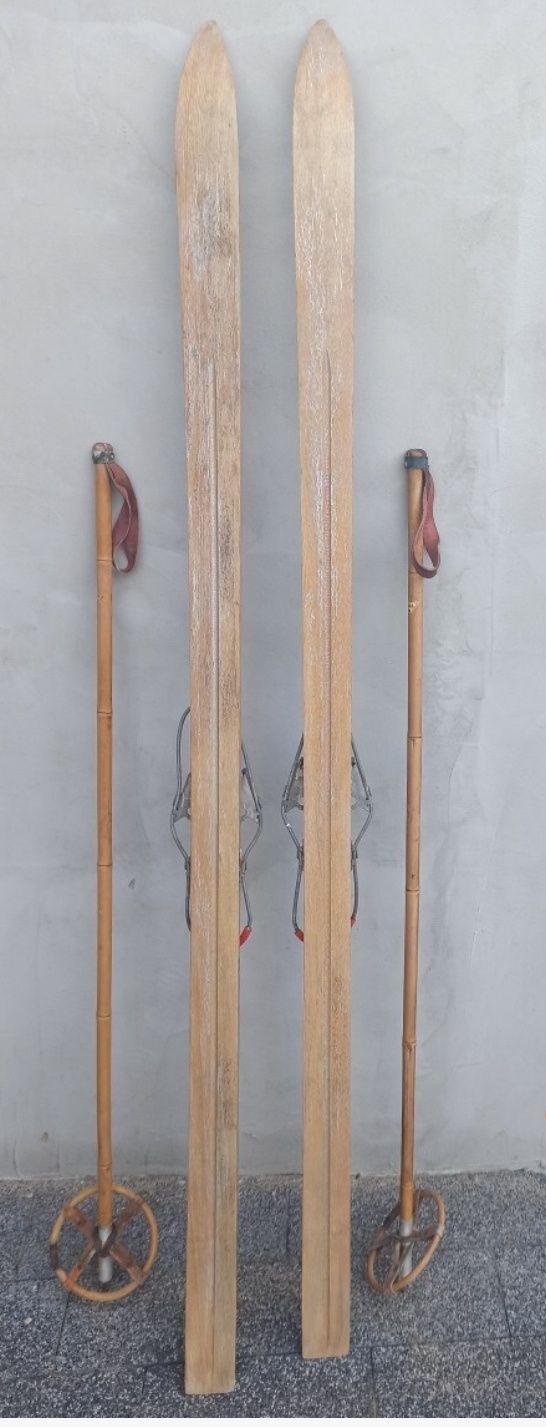 Stare drewniane narty Intersport laminated + kijki bambusowe