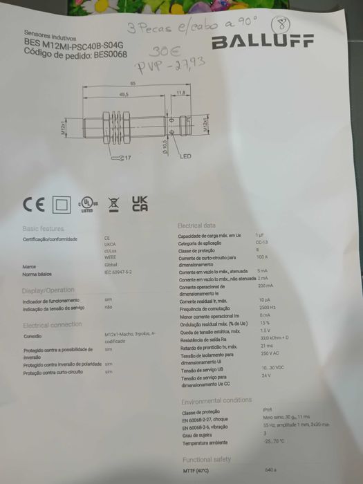 Sensor indutivo 12mm pnp 24vdc BALLUFF Lote de 3 unidades