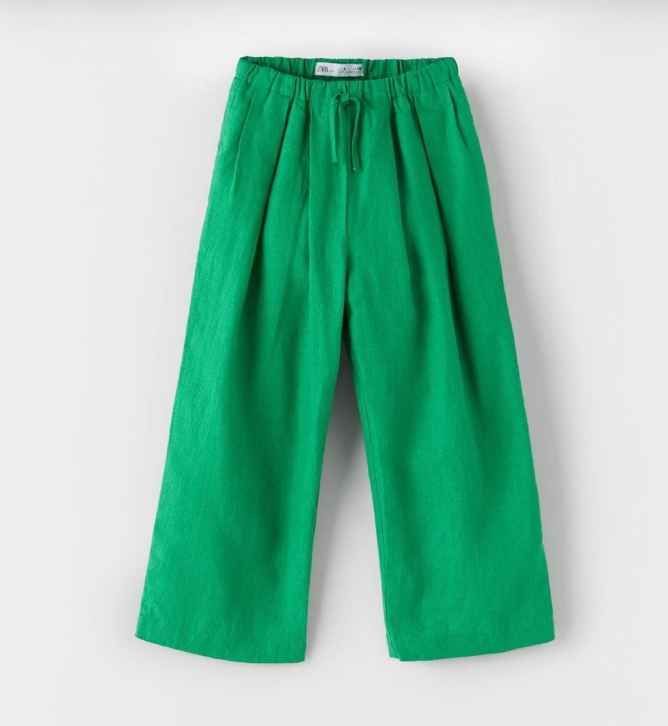 Zara штани брюки зелені яскраві широкі лляні льон 128 см 8 років нові