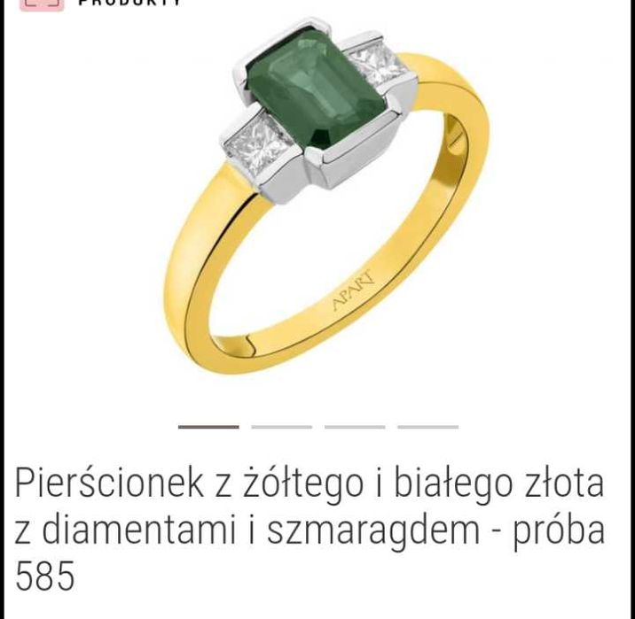 Pierścionek złoto rodowany, szmaragd diament y Apart