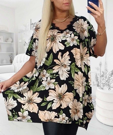 Bluzka, tunika plus size, asymetryczna, dekolt koronka, 50/52/54/56