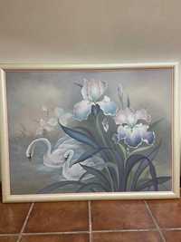 Quadro a óleo com flamingos e flores