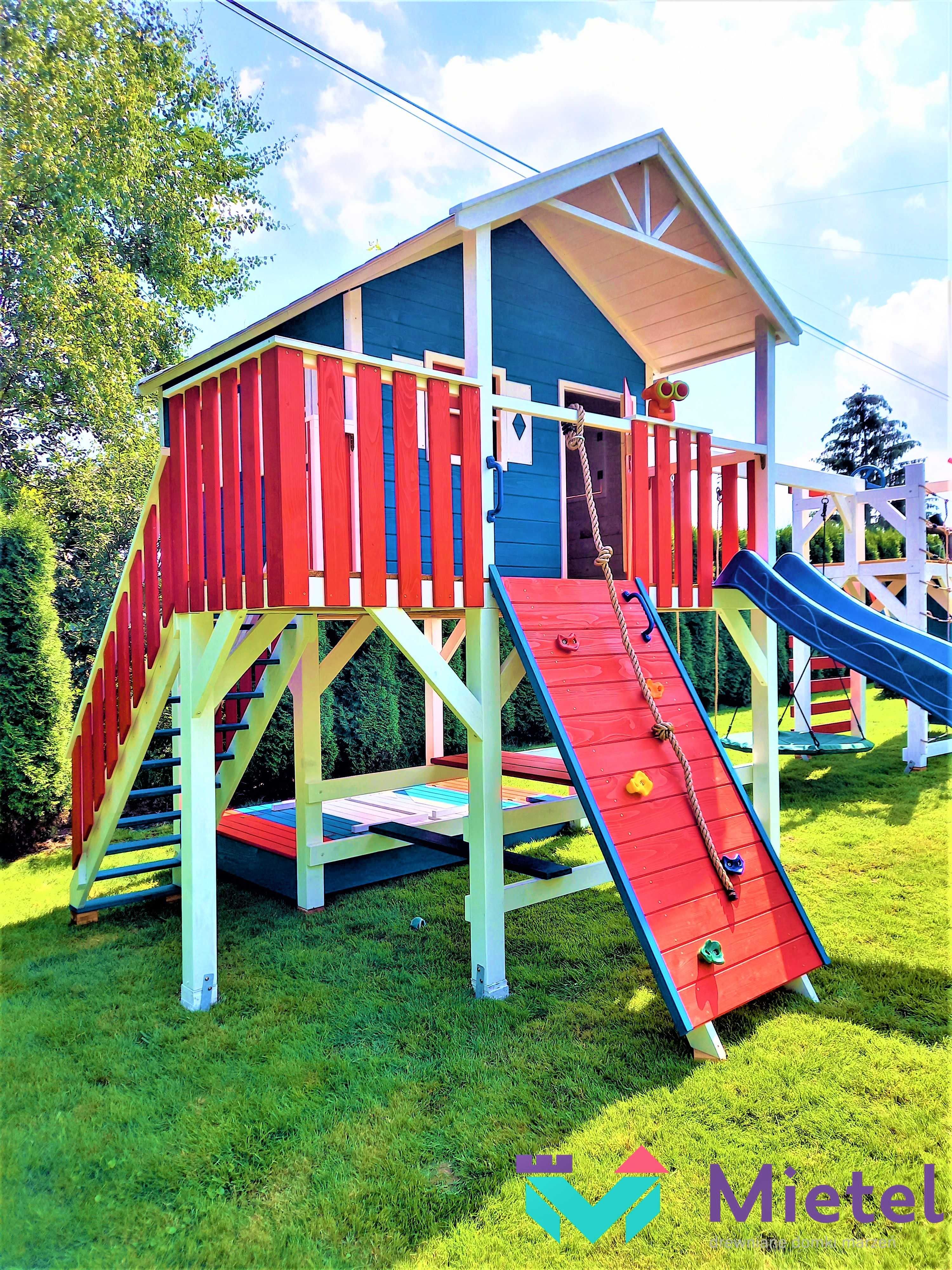 Bogato wyposażony wyjątkowy drewniany domek plac zabaw dla dziecka