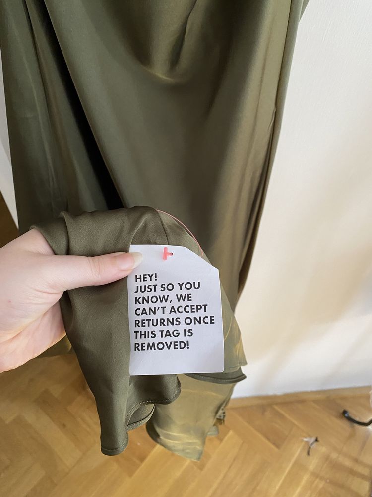 Nowa sukienka zielona oliwkowa satynowa na wesele L 40