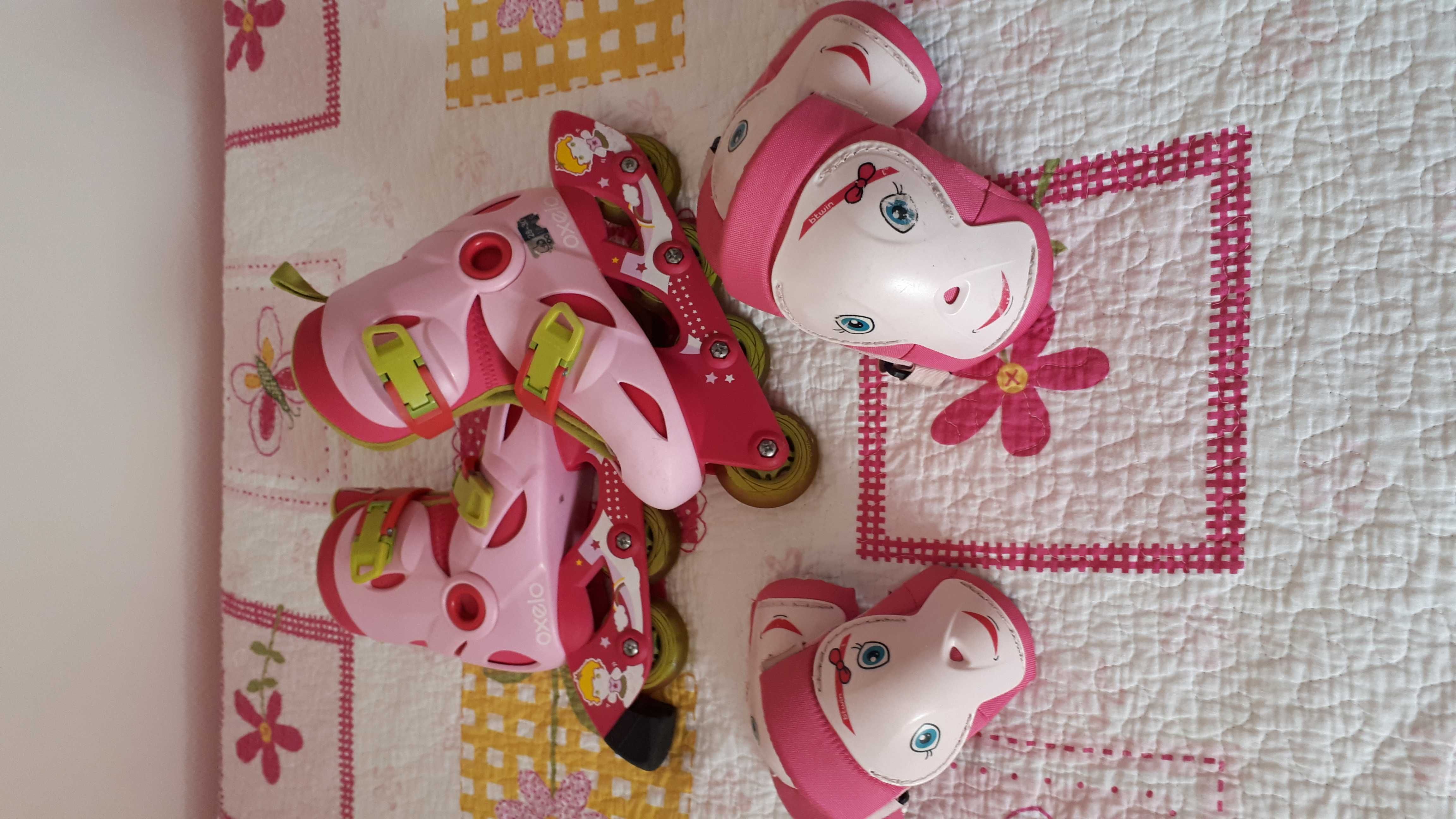 Patins em linha Rosa tamanho 28 ao 30 com joelheiras e caneleiras