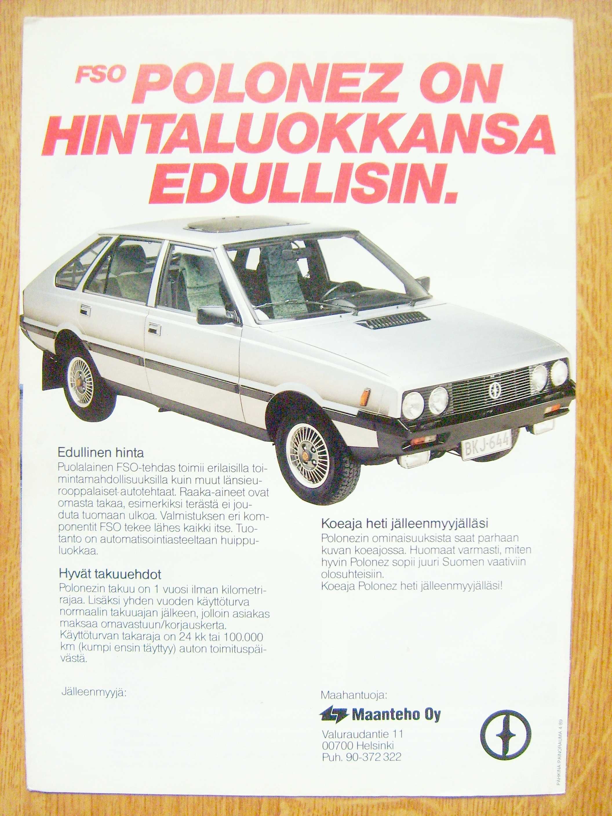 FSO POLONEZ 1300 / 1500 rok 1989 * prospekt rynek fiński WYPRZEDAŻ !