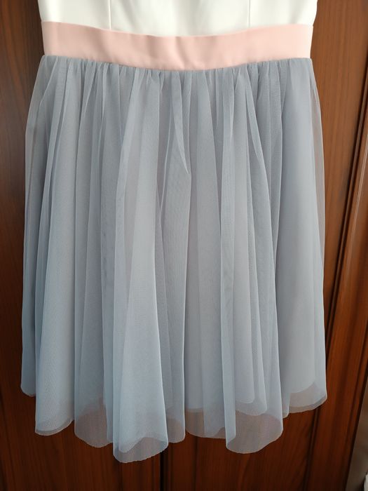 Sukienka biała szara z kokardą paskiem różowa tiulowa wesele poprawiny