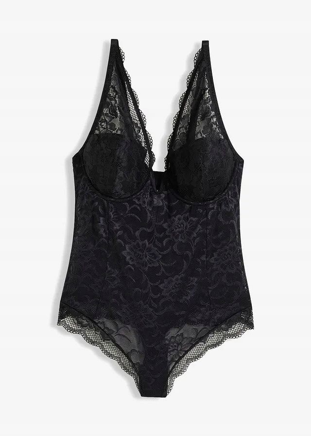 B.P.C body czarne ze stringami usztywniane miseczki koronkowe r.80C