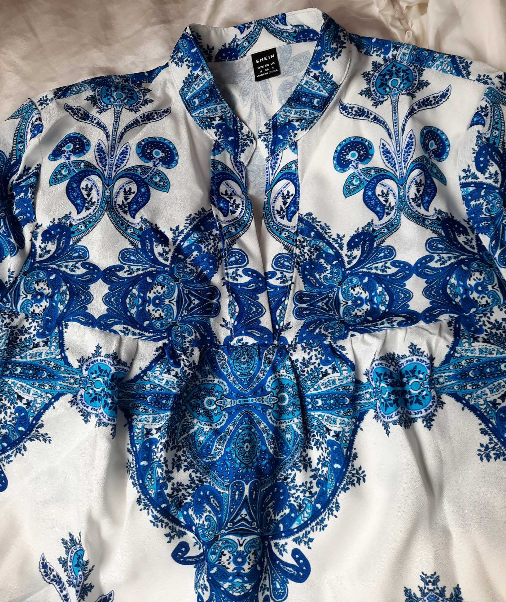 Shein nowa urocza boho wzór grecki midi sukienka biała niebieska S