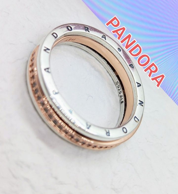 Dwutonowy pierścionek pavé z logo Pandora Signature srebrny 14K nowy