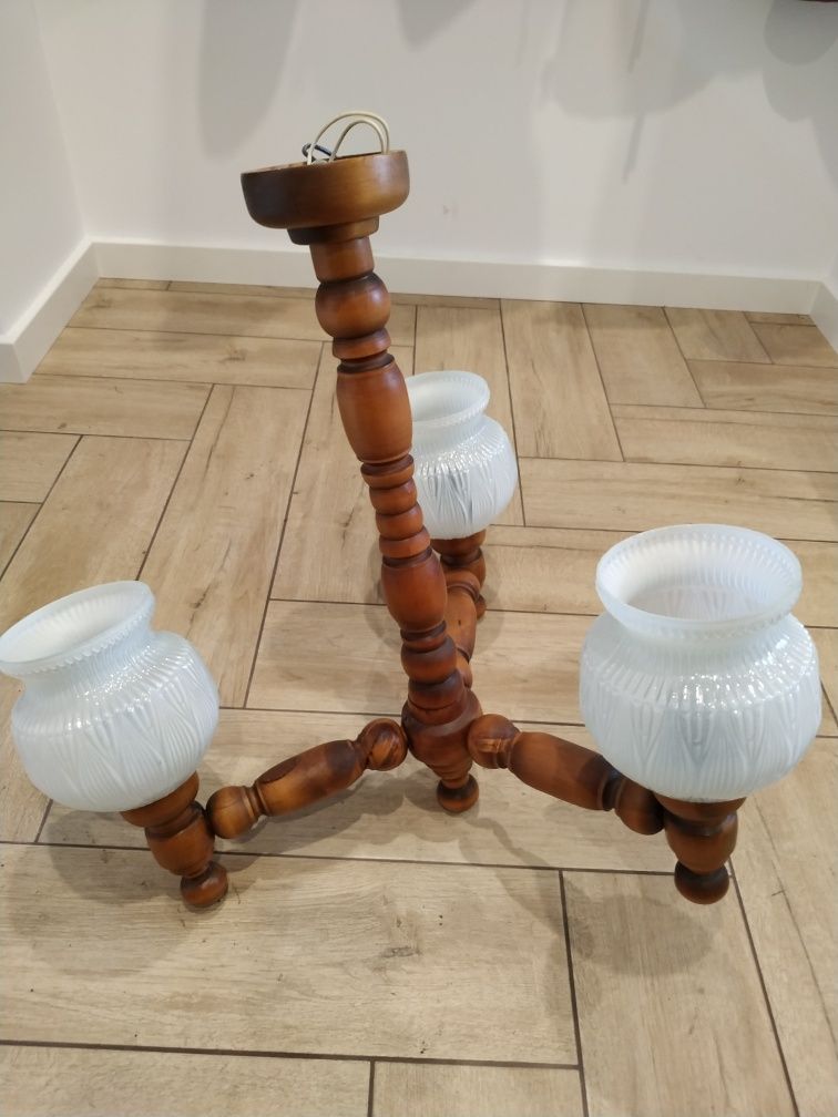 Lampa, żyrandol drewniany prl