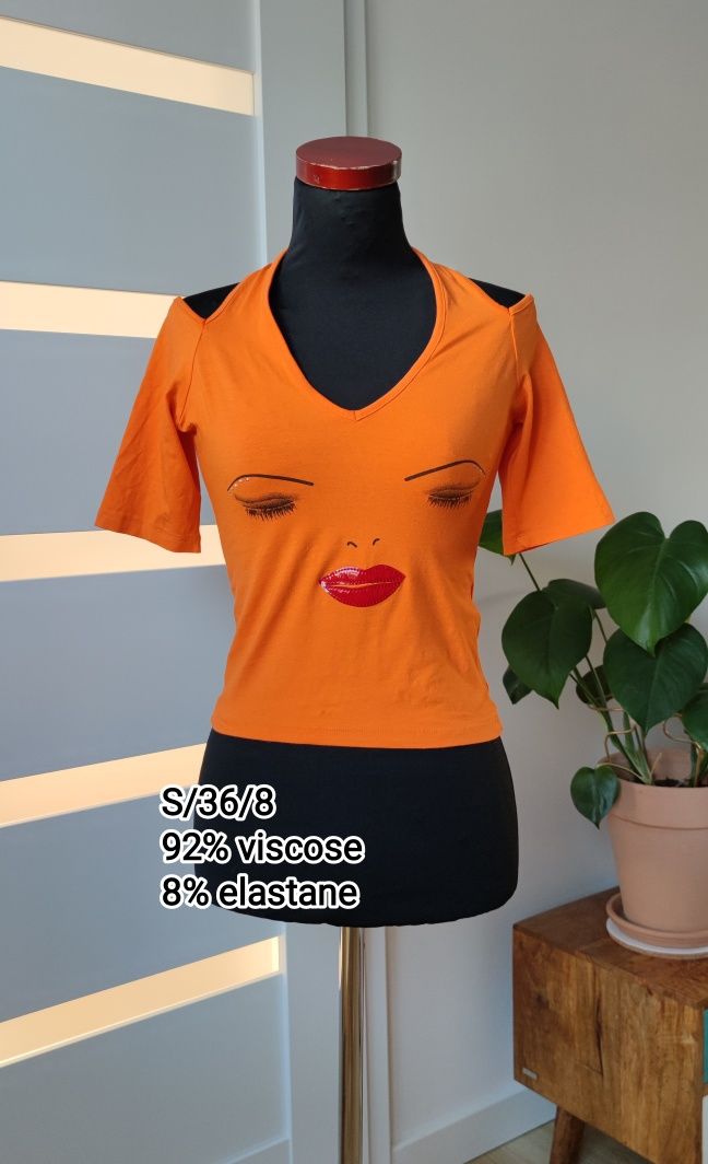 Bluzka top t-shirt S/36/8 wiskoza viscose y2k 00's 90's pomarańcz