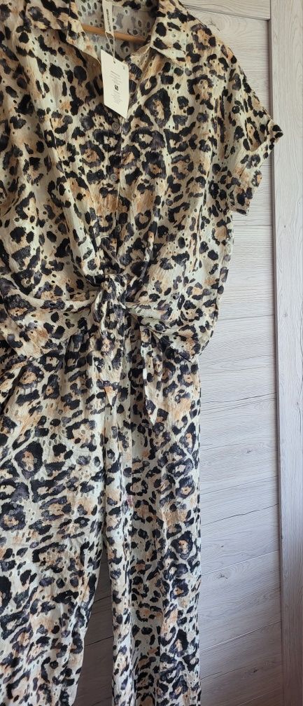 Świetny komplet bluzka wiązana print zwierzęcy L XL Mowy