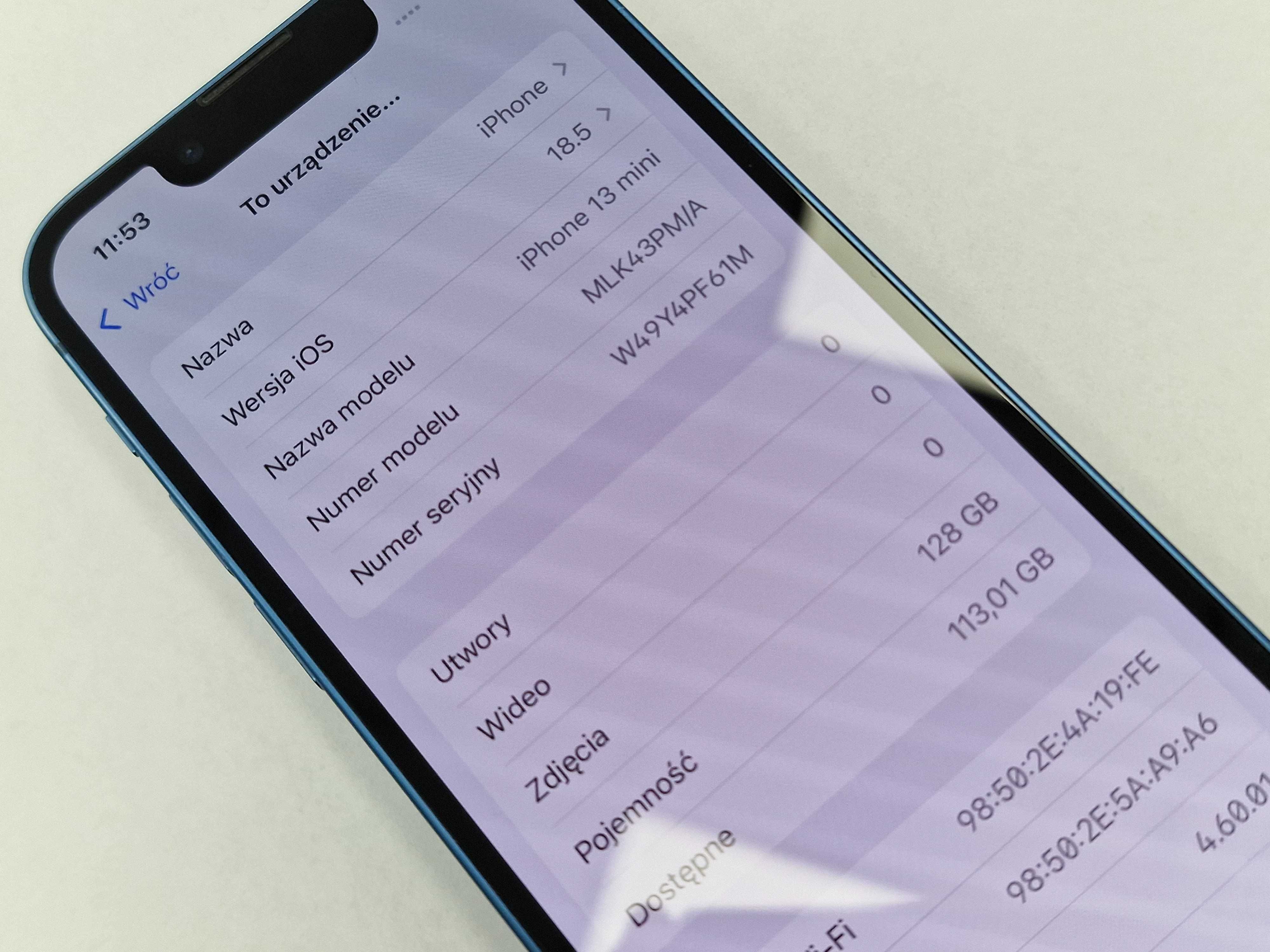 Iphone 13 Mini 128GB/ Blue/ BAT 85%/ Grade A-/ + ładowarka/ FV23%