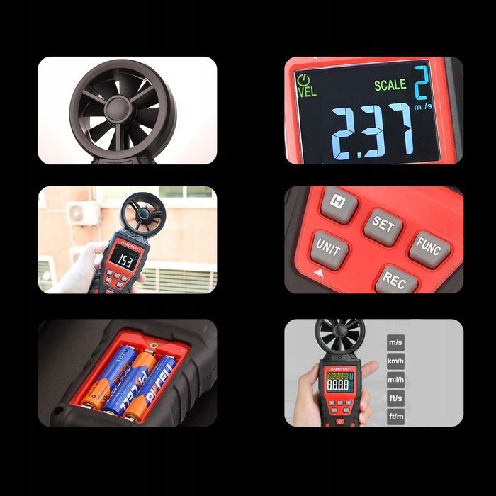 Anemometr Wiatromierz Miernik Siły Wiatru Temperatury Objętości LCD