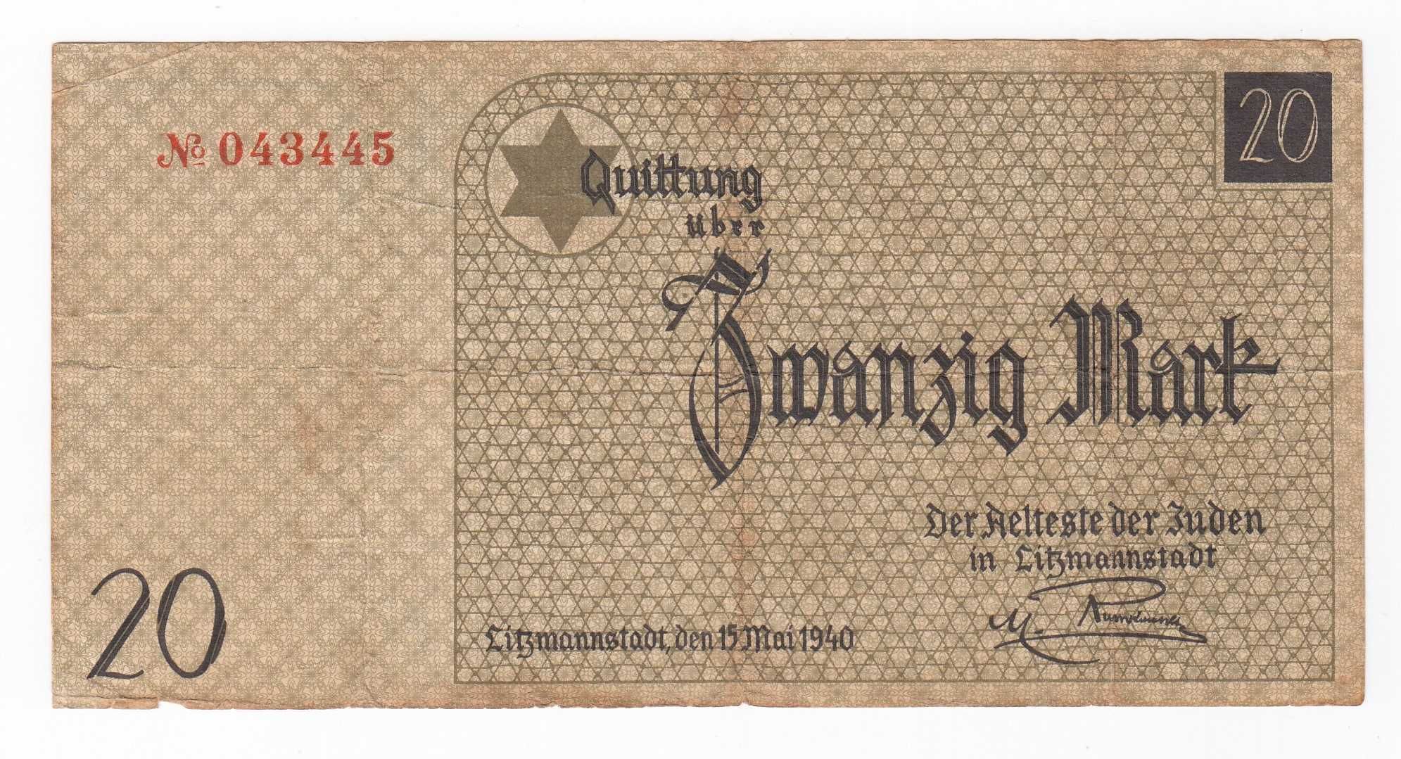 Banknot 20 marek 1940, Miłczak Ł6B, znak wodny, naturalny