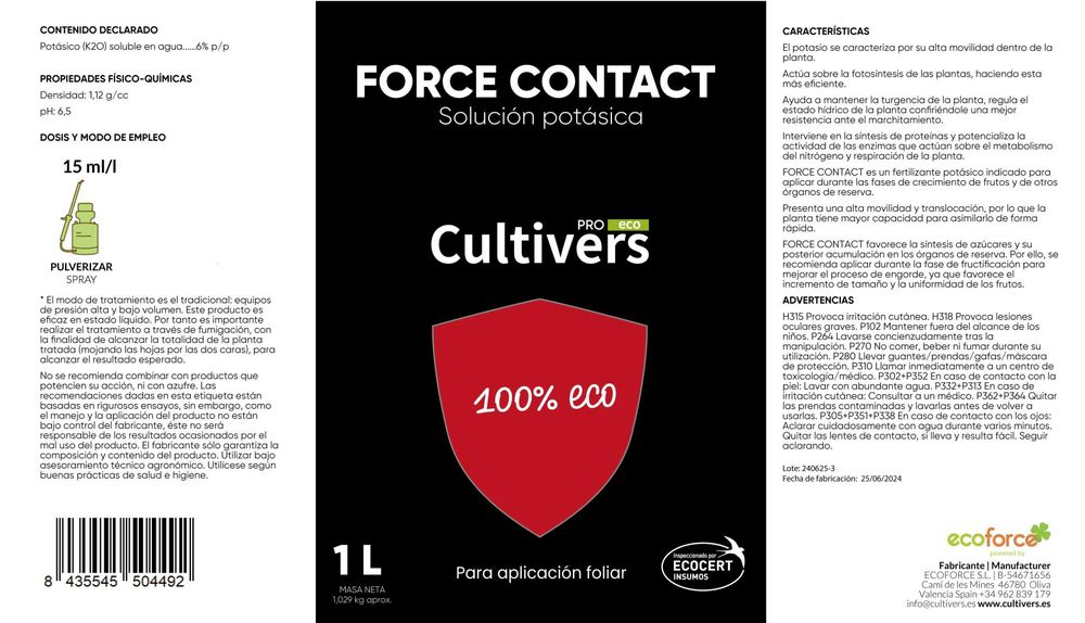 Solução Potássica Force Contact Cultivers - 5L - Novo e Selado