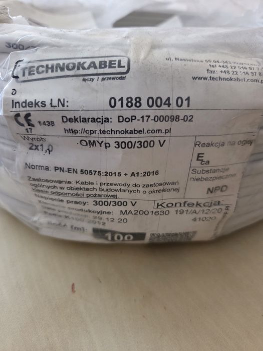 Przewód OMYp 2x1.0 300/300V, płaski, 100m .
