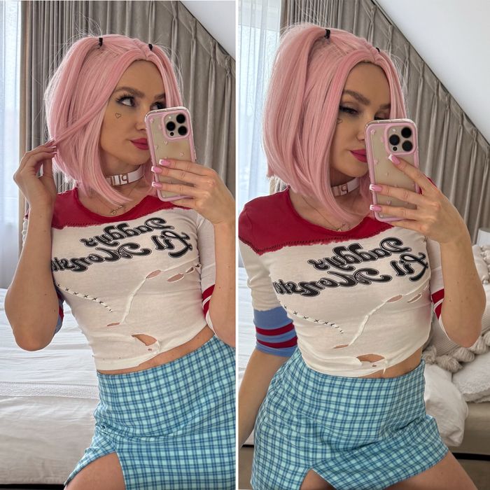 Peruka na halloween Harley Quinn różowa różowe włosy krótkie bob