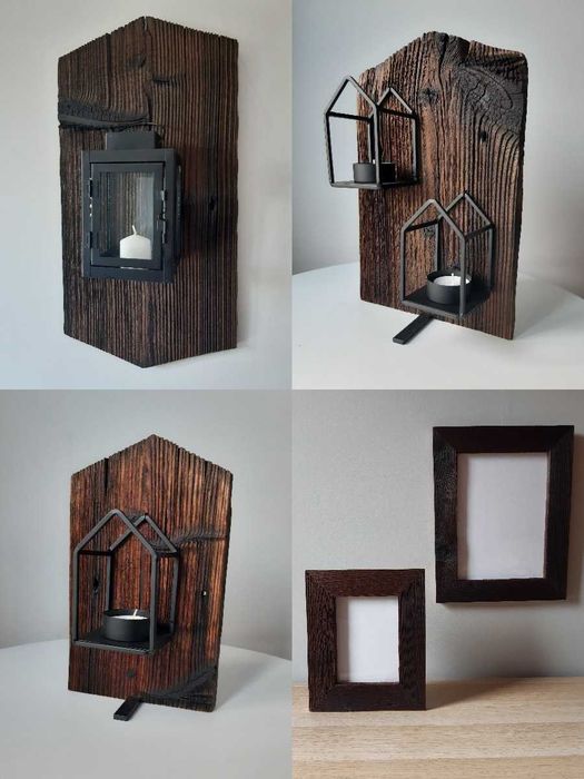 Świecznik ramka lampion rustykalny loft ze starej deski