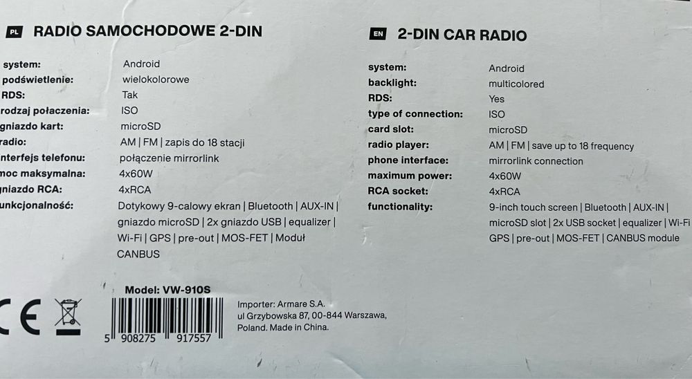 Radio Samochodowe Volkswagen VW910S Vordon