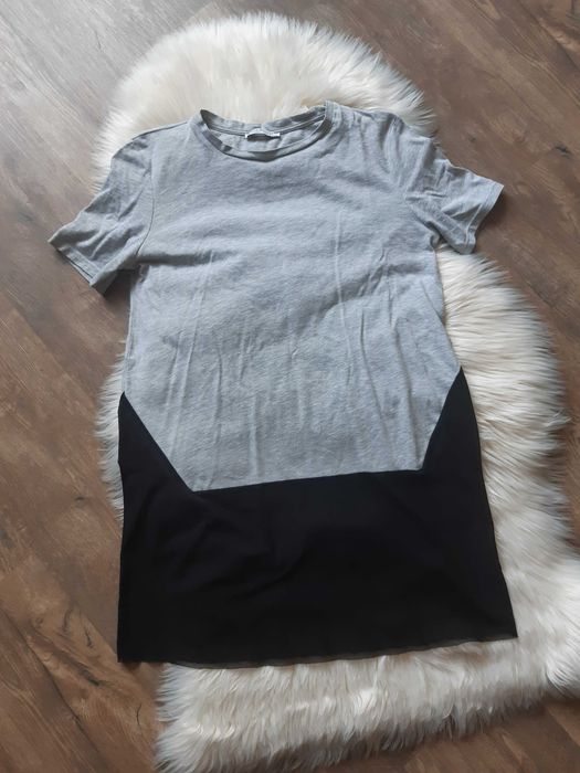 szary T-shirt koszulka z krótkim rękawem wykończona siateczką ZARA S