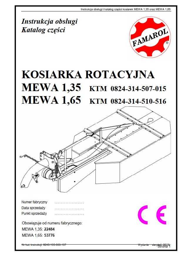Instrukcja obsługi katalog części kosiarka rotacyjna Mewa 1,35 i 1,65