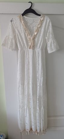 Sukienka koronkowa  maxi biała boho ozdobny rękawek uni