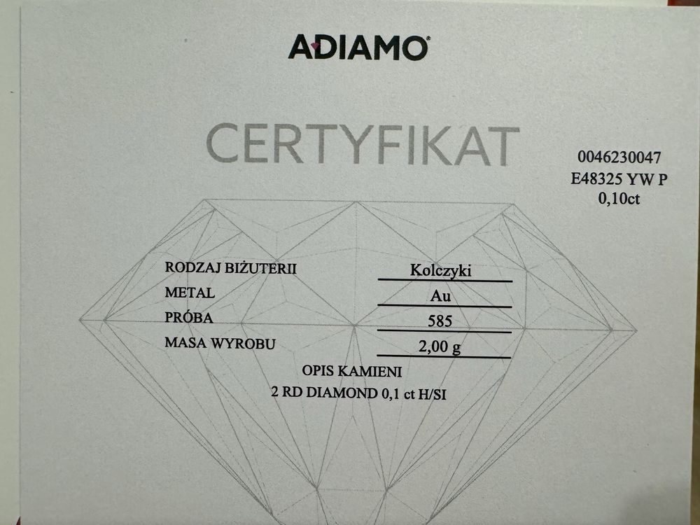 Komplet biżuterii z diamentami. Dokument certyfikat.