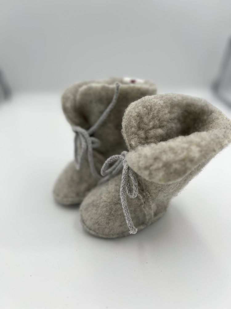 Bobowełna szyte buty niechodki SZARE wełna merynosa 11 cm 3-6 miesięcy