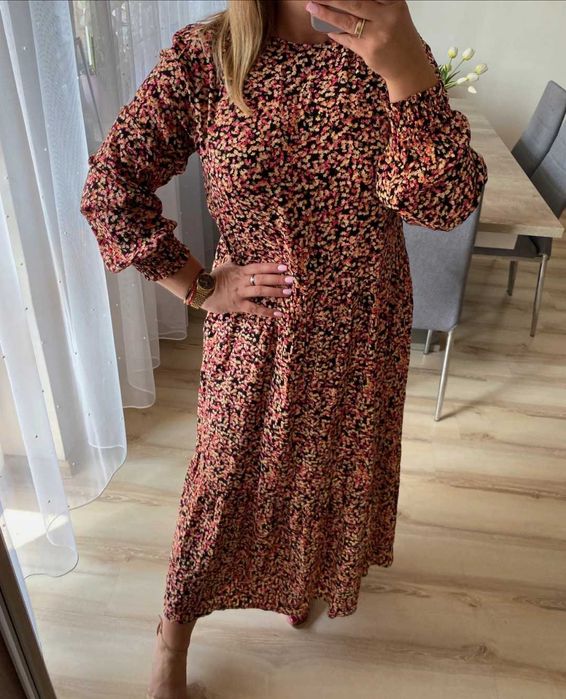 H&M długa maxi MIDI oversize sukienka z wiskozy z kwiaty M/L