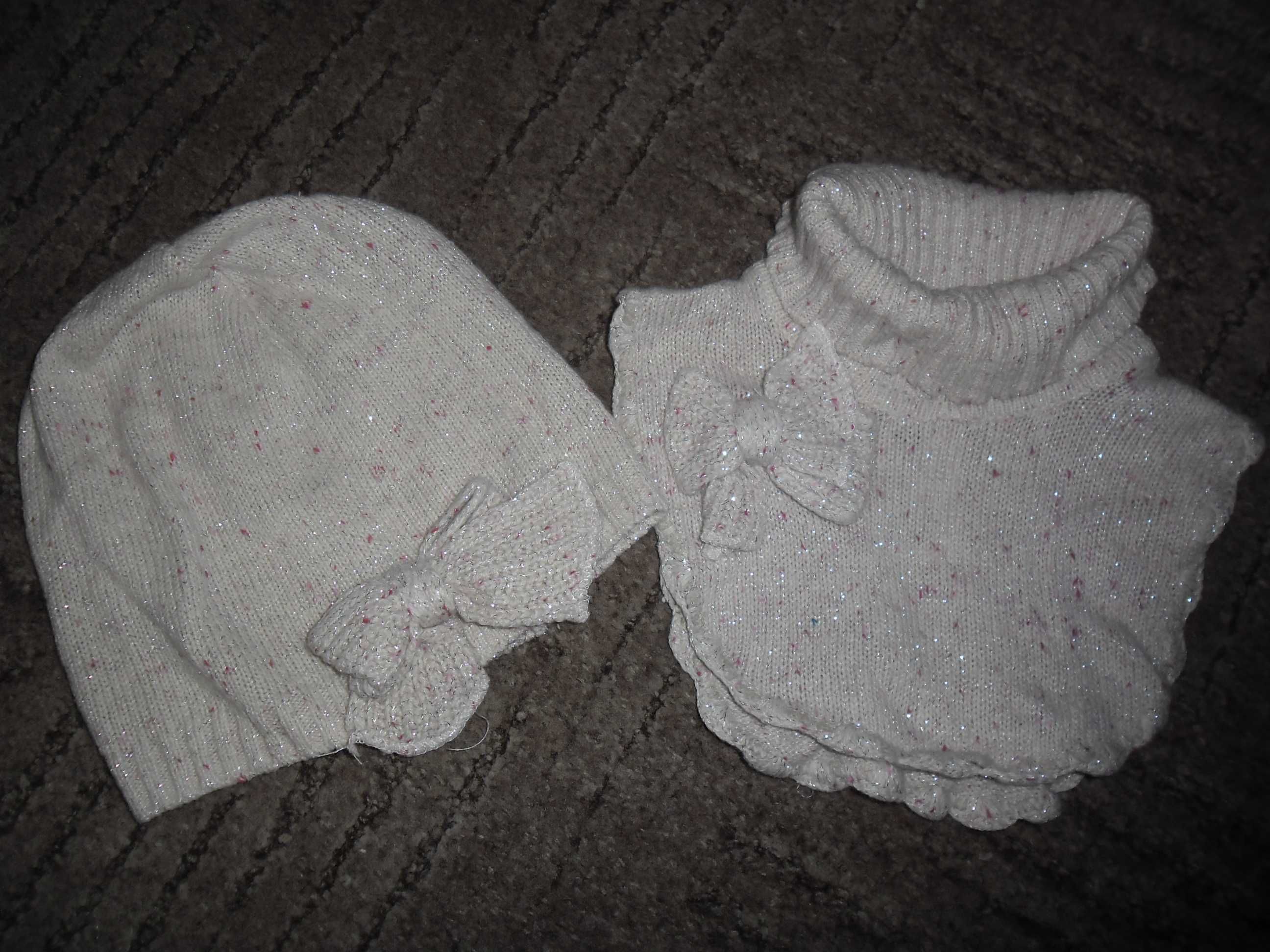 H&M 2pak czapka+komin golfik jasn róz z kokardką srebrna nitka 122/128