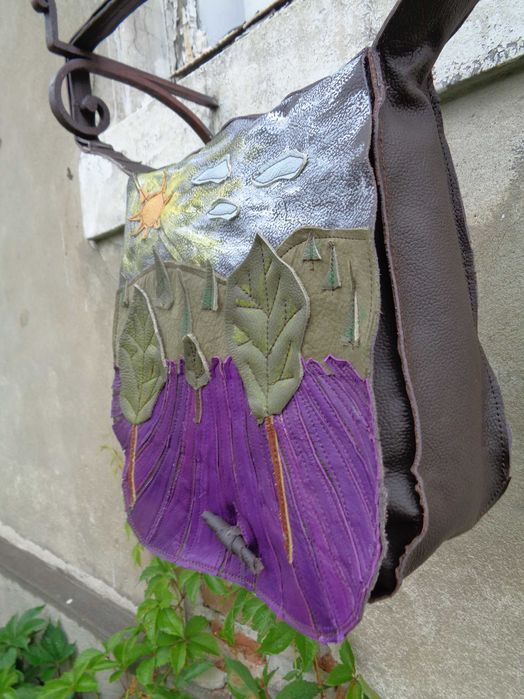 Artystyczna torebka skórzana z lawendowym polem.  Handmade