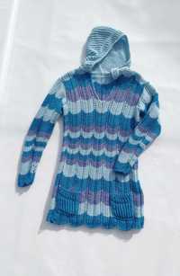 Длинный вязаный свитер туника ручная работа с карманами и капюшоном