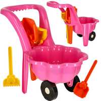 Taczka dla dzieci zabawka do ogrodu piaskownicy z łopatką różowa
