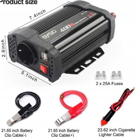 Przetwornica Mocy Samochodowa Ładowarka DC 12V AC 220V 230V 2xUSB 400W