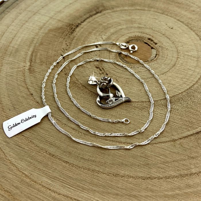 Srebrny Naszyjnik Serce Z Róża 925 + Róża Wieczna Led / Zestaw Prezent