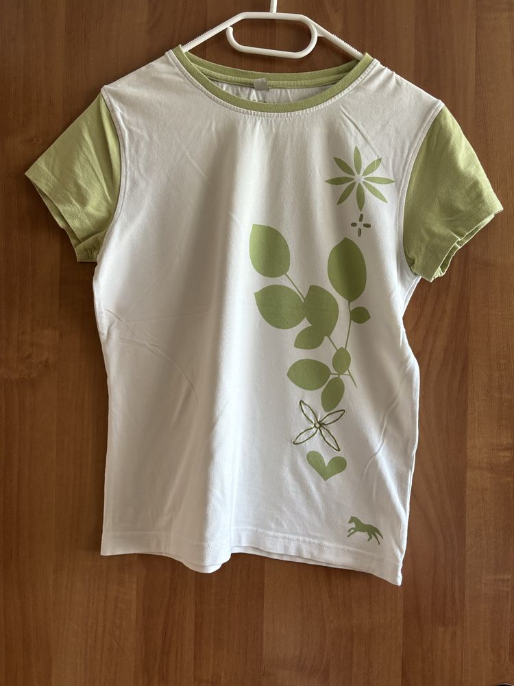 T-shirt damski, biały z dodatkami zielonymi, M,Horseware,krótki rękaw