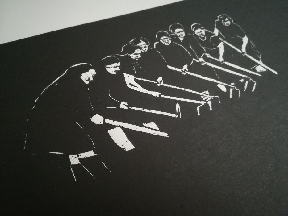 Xilogravura gravura madeira "Mulheres a Sachar" assinado arte desenho