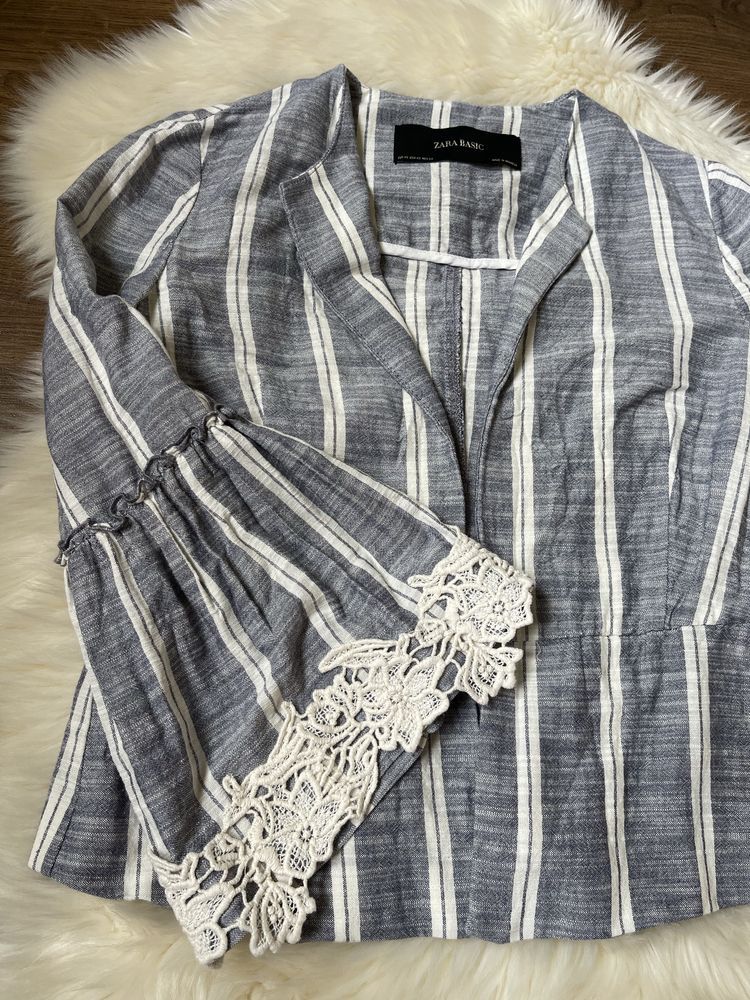 Zara basic lniana marynarka niebieska beżowa w paski z koronką xs