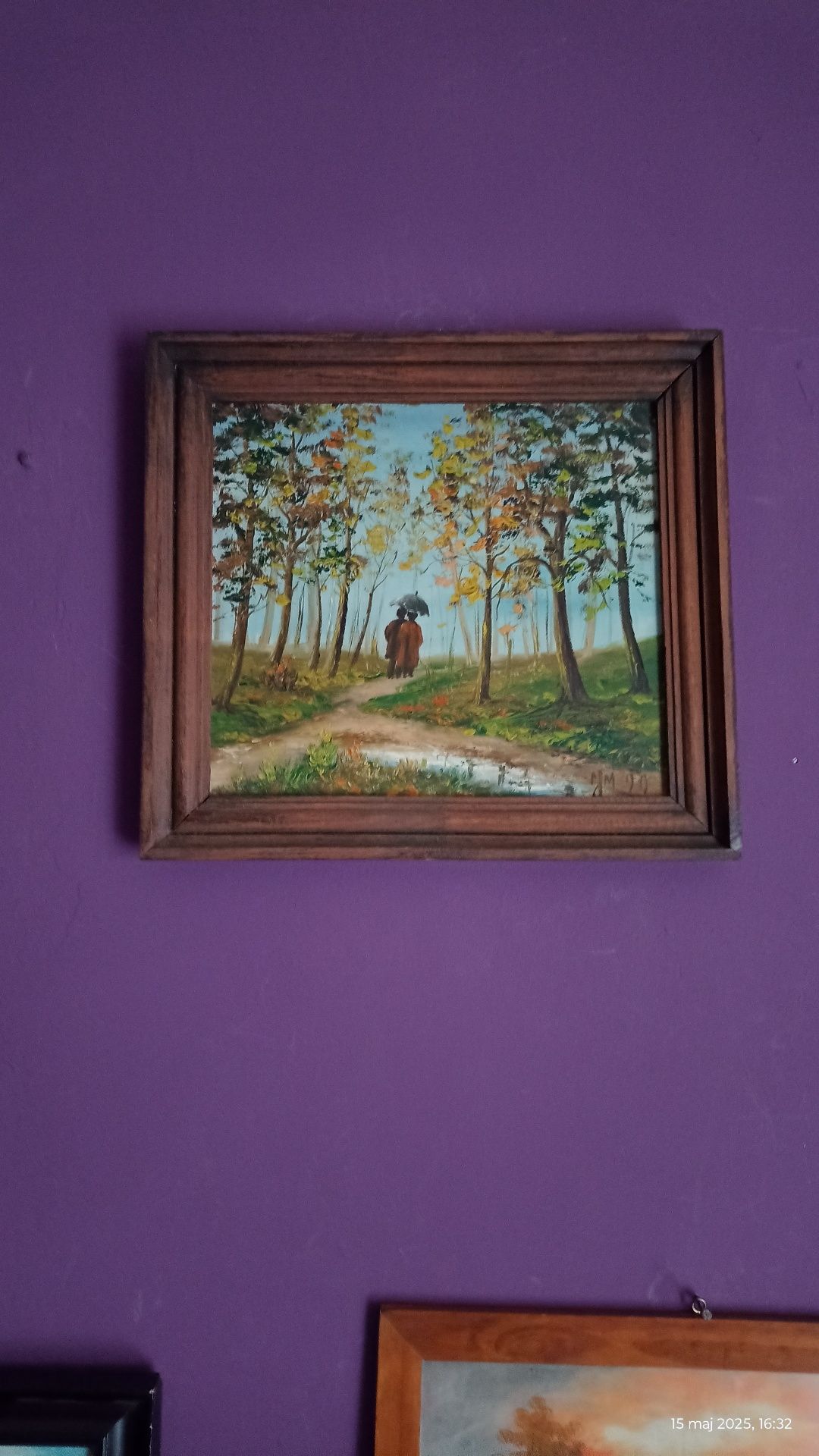 Obraz idą Baba z dziadem pod parasolem  obraz olejny
